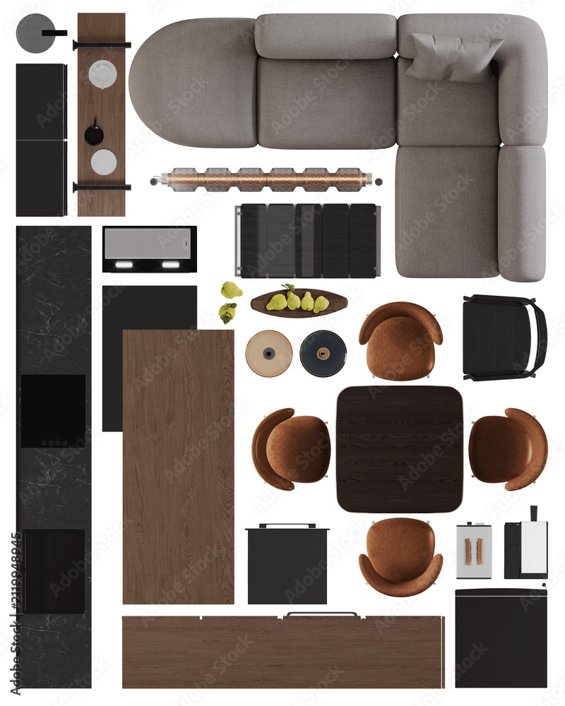 Obraz premium Dark Kitchen interior Furniture Set – Top View PNG for Interior Planning 