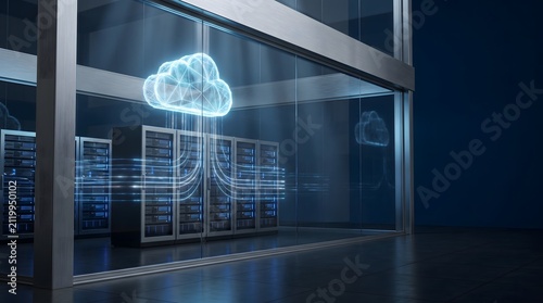 Server racks store digital data in a modern secure facility environment.