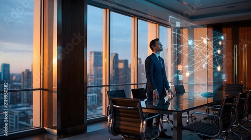 Businessman interacts with a digital network interface in an office.