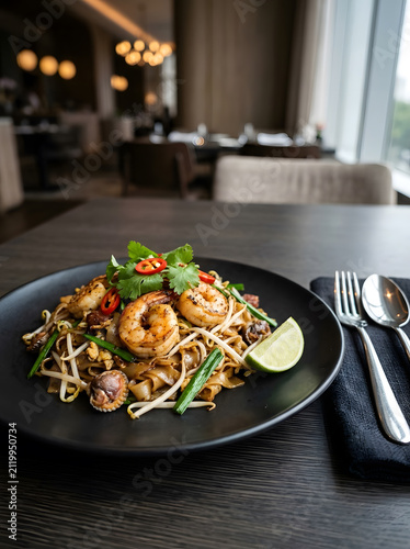 Delicious stir fried rice noodles char kuey teow dish serving