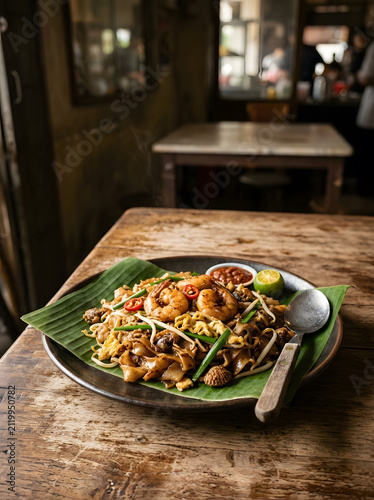 Delicious stir fried rice noodles char kuey teow dish
