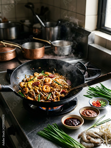 Sizzling char kuey teow noodles cooked in hot wok