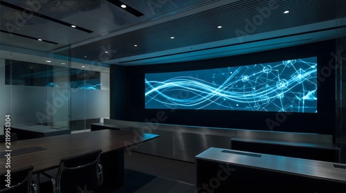 Conference room features a large digital screen with glowing network data.