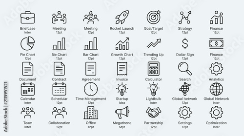 Comprehensive office and business management icon set focusing on project administration productivity financial tracking team collaboration and strategic corporate planning tools.