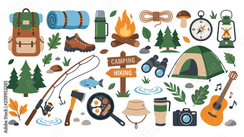 Camping and hiking equipment collection for outdoor travel venture.