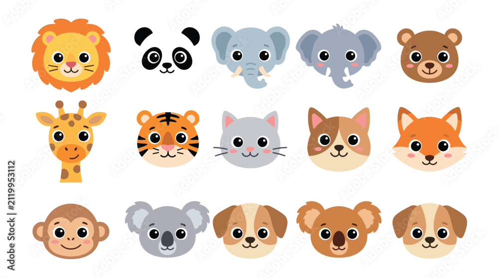 Fototapeta premium Cute set of animal head icons for kids featuring friendly characters like lions pandas elephants and forest creatures in flat cartoon style for creative design.