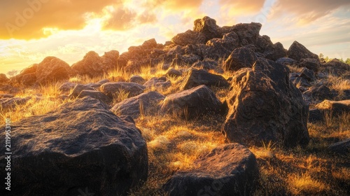 Rugged volcanic mountain ridge glowing under the warm light of sunset with dry grass