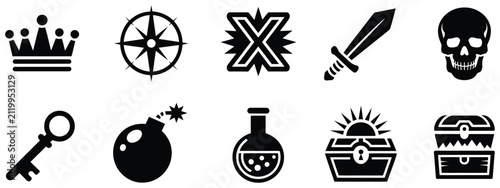 Obraz na płótnie Treasure hunt vector icons featuring pirate map, treasure chest, adventure route, hidden treasure, nautical quest symbols, and storytelling game graphics