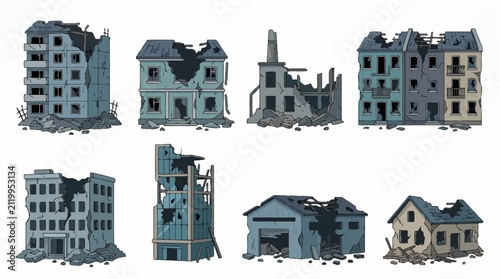 A collection of various cartoon-style damaged and destroyed buildings with broken windows, crumbling walls and debris, representing war aftermath and urban destruction for game assets