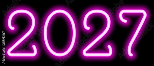 2027. Neon. Pink shining number. New Year. Color vector illustration. Isolated on black background. Idea for web design, banner.