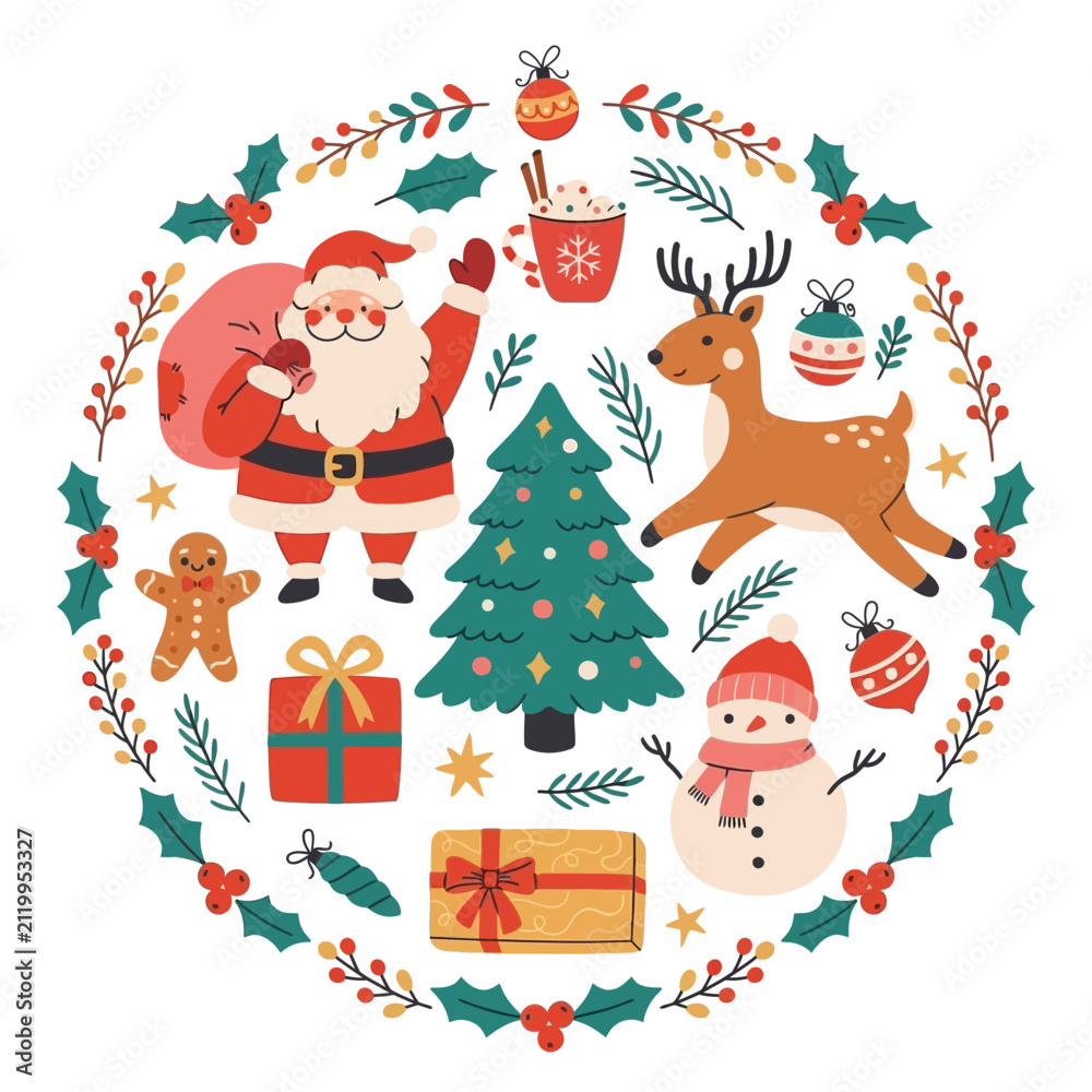 Naklejka premium Charming Santa Claus and Christmas Elements Vector Illustration