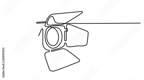 Animated self drawing of Continuous single line drawing of a studio spotlight lamp for stage lighting isolated on a white background. Full length one line animation. 4K video