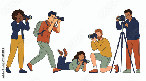 Diverse group of male and female photographers with various cameras and a tripod, capturing moments in different poses, Expressing creative hobbies and illustrating professional photography workshops