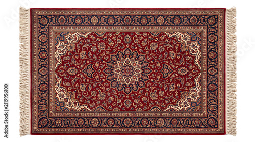 Traditional Persian rug with intricate floral patterns, ornate red and blue oriental carpet with fringe, classic middle eastern tapestry textile