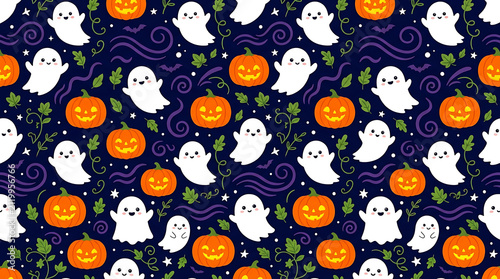 Seamless halloween pattern with cute ghosts and pumpkins