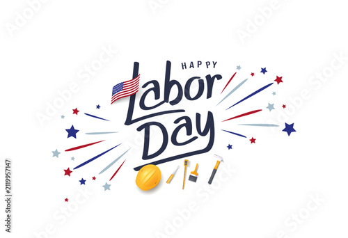 Happy labor day hand lettering background banner template with fire work and tool decoration.
