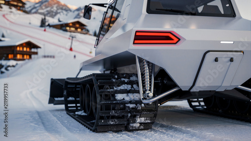 Futuristic white snow groomer parked on a snowy ski slope at dusk. Modern snowcat with heavy-duty tracks at an alpine resort. Winter maintenance concept, ideal for mountain tourism marketing.