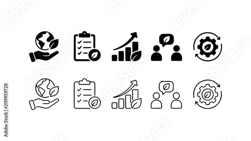 Sustainability and Environmental Icon Set in Solid and Outline Style Vector