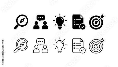 Business Process and Strategy Icon Set in Silhouette and Outline Style