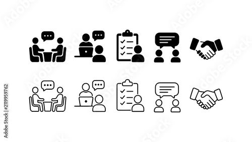 Business Meeting and Communication Icon Set in Silhouette and Outline Style