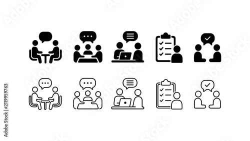 Business Meeting and Discussion Icon Set in Silhouette and Outline Styles