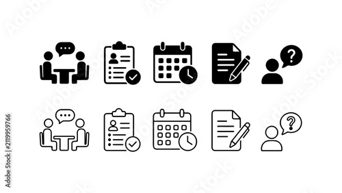 Business Meeting and Task Management Icon Set in Silhouette and Outline Styles