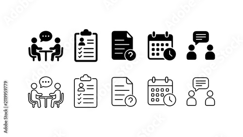 Business Meeting and Task Management Icon Set in Silhouette and Outline Style