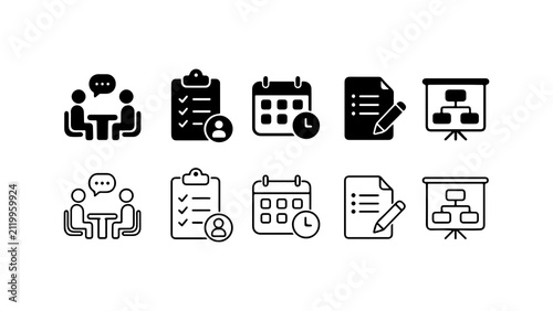 Business Planning and Management Icon Set in Silhouette and Outline Styles