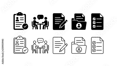 Business and Office Administration Icon Set in Silhouette and Outline Style