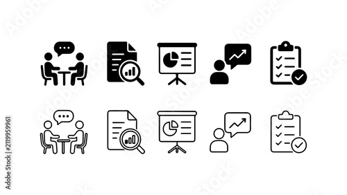 Business Planning and Performance Analysis Icon Set in Glyph and Outline Style