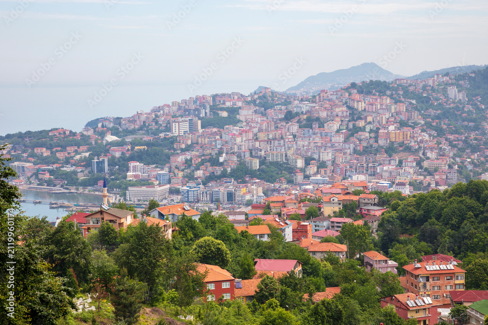 Fototapeta premium Elevated panoramic view of Zonguldak, a historic coal mining city on Turkey's Black Sea coast, featuring densely built hillside neighborhoods, lush greenery, and the coastal urban landscape.