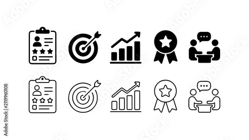 Business Performance Icon Set in Solid Silhouette and Outline Style