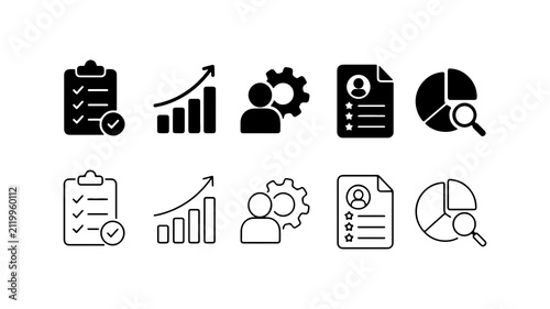 Business Management and Data Analysis Icon Set in Silhouette and Line Art Style