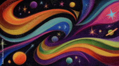 Childlike Crayon Galaxy with Colorful Stars and Planets