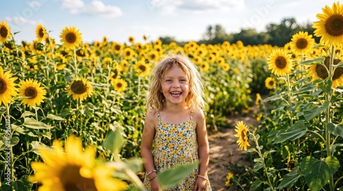 Smiling child walks through a sunflower field on a sunny day in summer