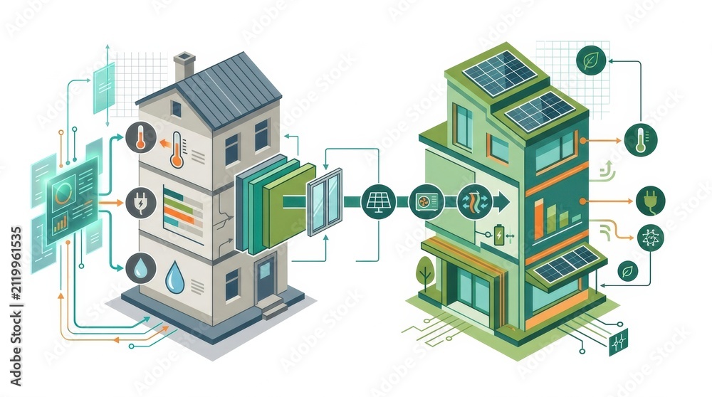 Obraz premium The illustration shows a building undergoing energy renovations with insulation upgrades and heat pump systems.