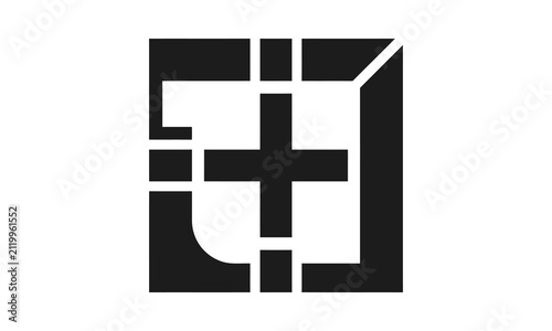 Abstract geometric square icon with internal cross.