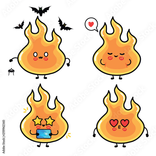 Cute flame character set with Halloween love and smartphone