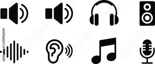 Audio music solid style icon set, featuring speakers, headphones, microphones, musical notes, sound controls, and media symbols with clean black vector graphics for music apps, entertainment platforms