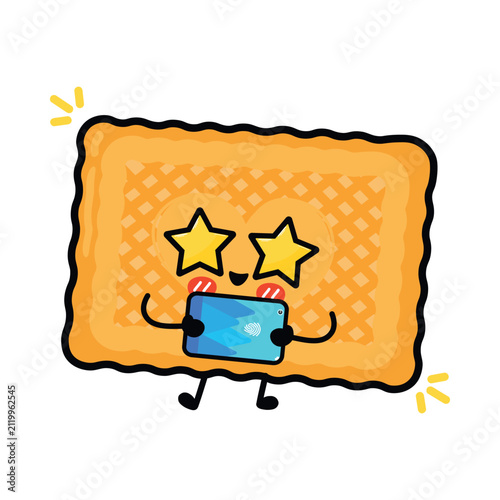 Star eyed cookie character holding smartphone