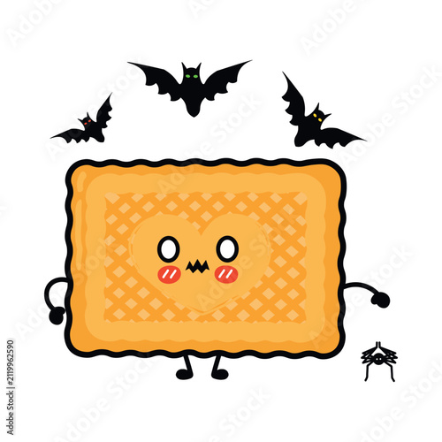 Scared cookie character with Halloween bats and spider