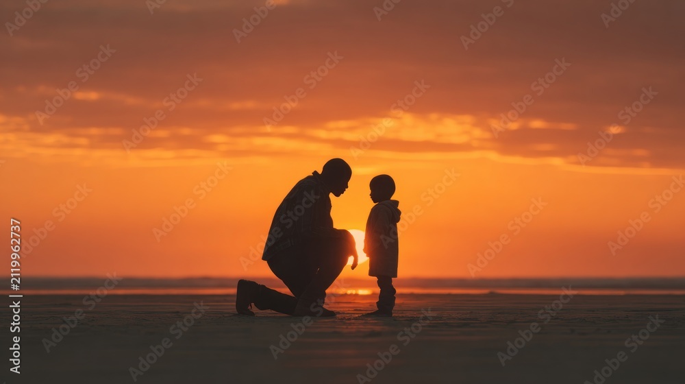 Fototapeta premium Father and son silhouette at sunset beach