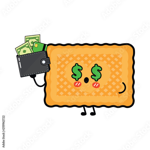 Rich cookie character holding wallet with cash