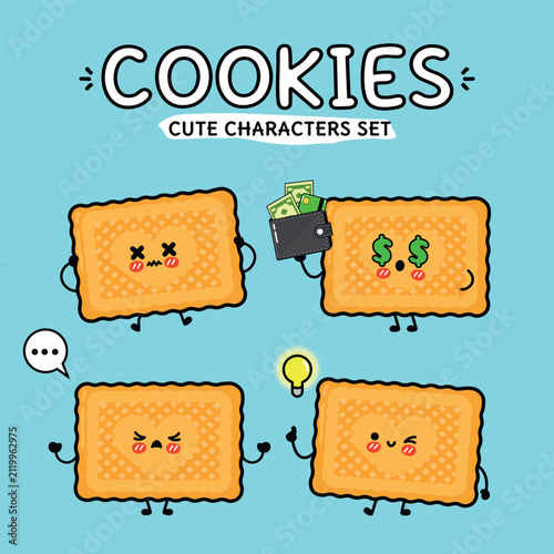 Cute cookie character set with money ideas and anger