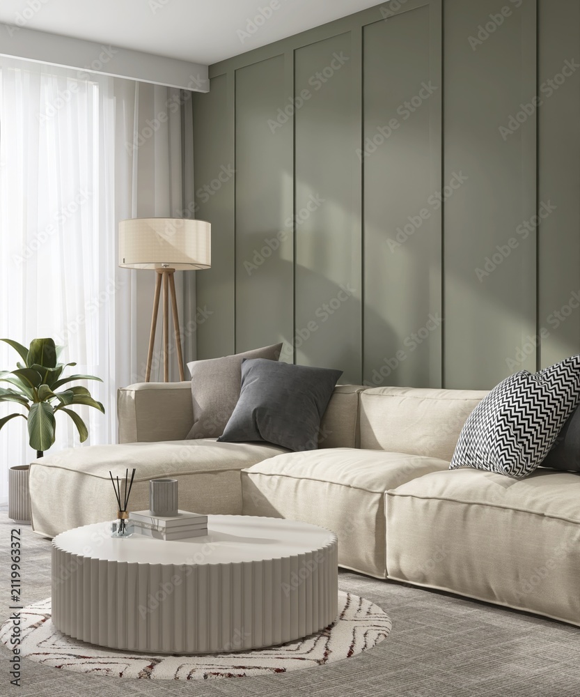 Obraz premium Modern, cozy living room with cloud modular sofa, sage green wood paneling wall in sunlight from window on carpet floor for luxury interior design decoration, architecture, product background 3D