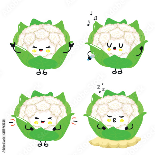 Cute cauliflower character set with varied emotions and activities