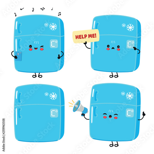 Cute refrigerator character set with help and music actions