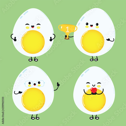Cute boiled egg character set with trophy and emotions