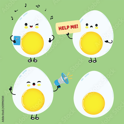 Cute boiled egg character set with headphones help and megaphone