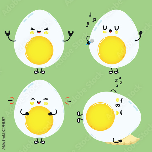 Cute boiled egg character set with varied expressions and actions